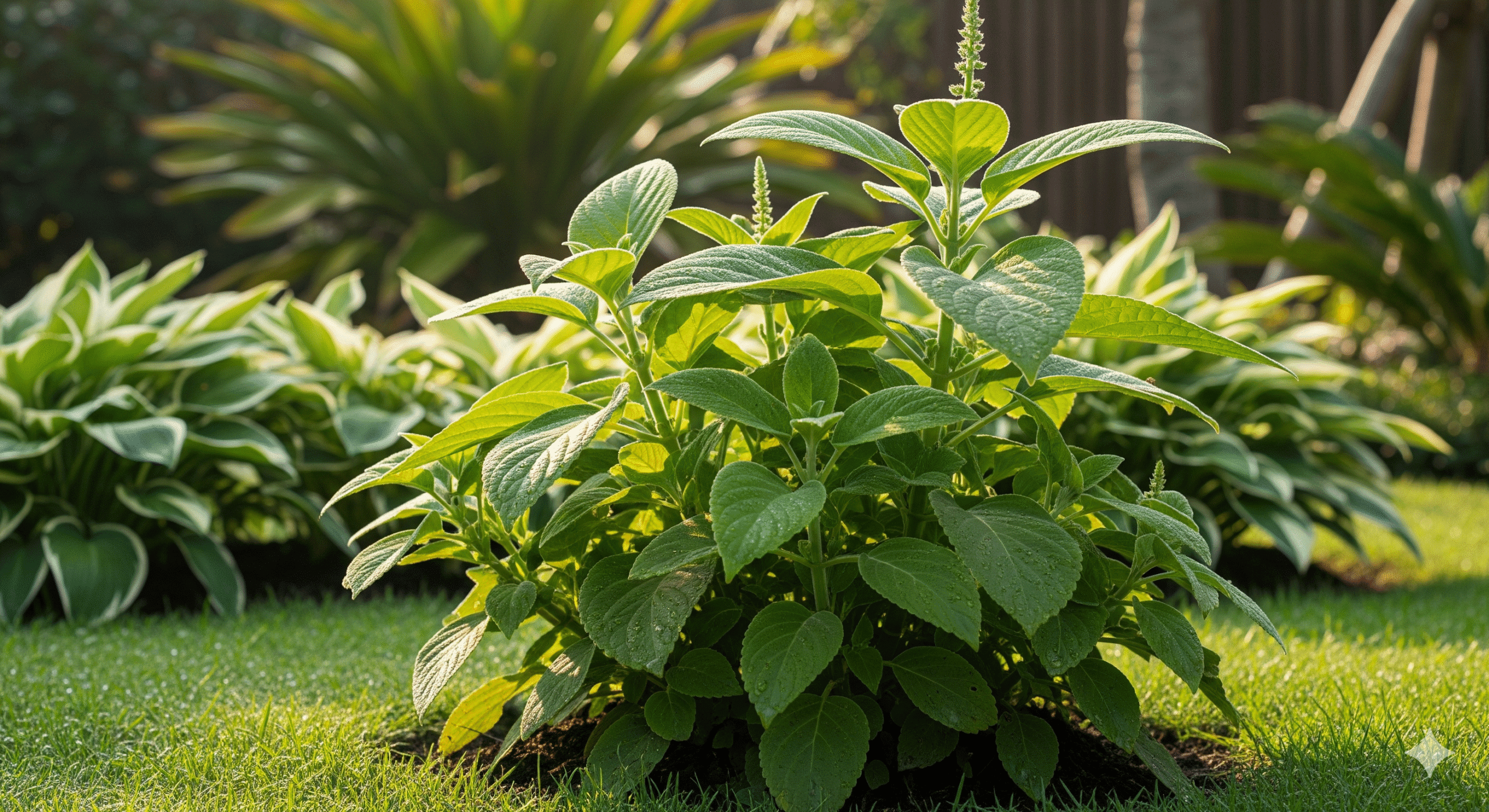 Coleus barbatus em jardim tropical com folhas verdes carnudas e aveludadas.