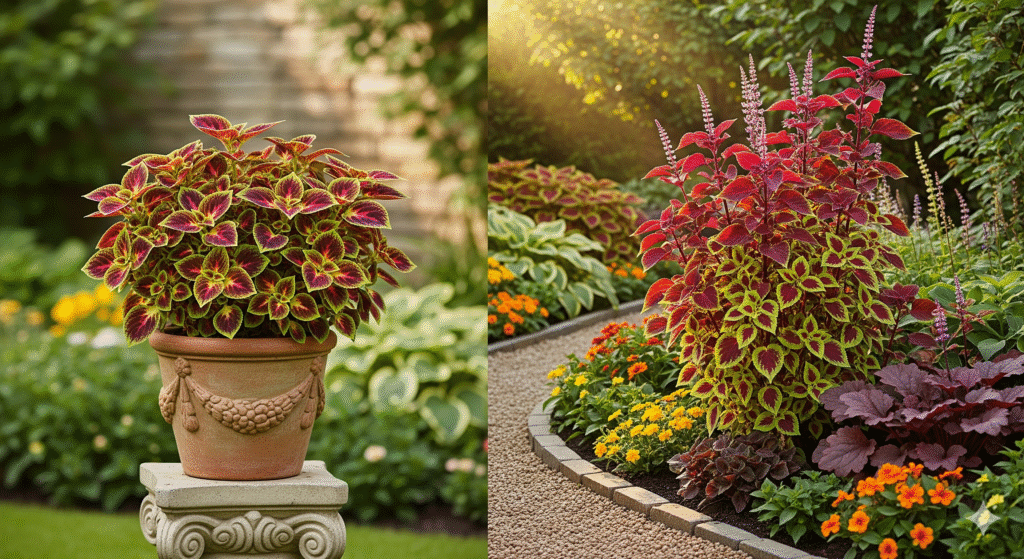 Coleus compacto em vaso e variedade maior em canteiro.
