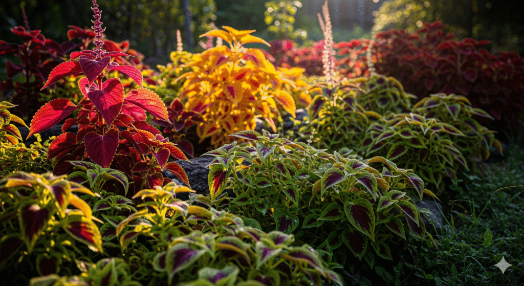 Coleus em meia-sombra com cores intensas.