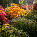 Coleus em meia-sombra com cores intensas.