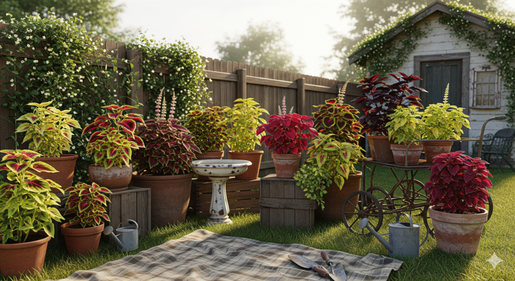 Coleus em vaso antigo cultivado em quintal simples.