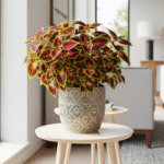 Coleus em vaso próximo à janela iluminada.