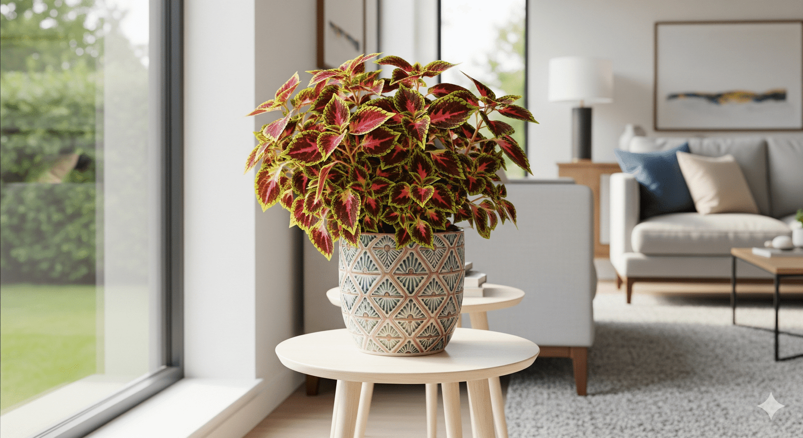 Coleus em vaso próximo à janela iluminada.