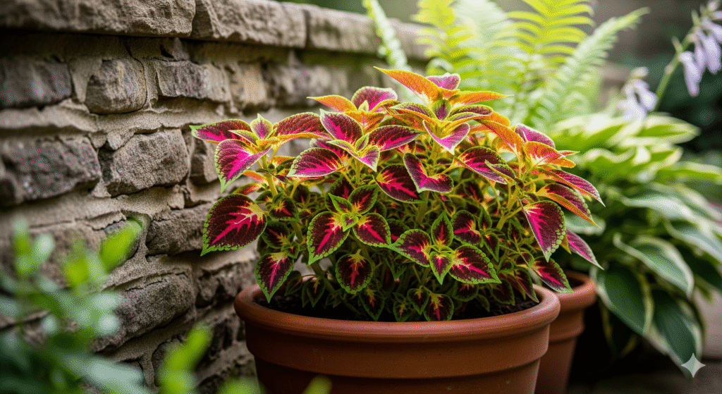 Coleus em vaso próximo a muro para proteção.