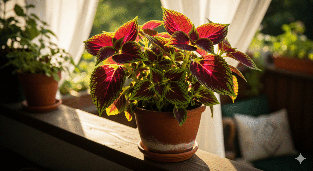 Coleus Coração-Magoado em vaso recebendo luz indireta para realçar as cores.