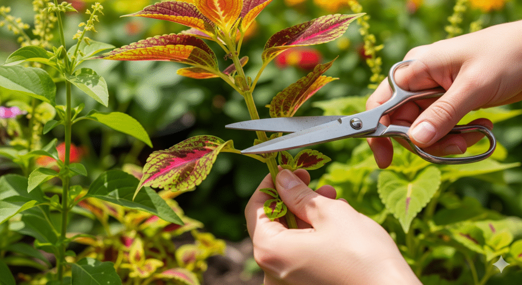 Corte de estaca de Coleus com tesoura.