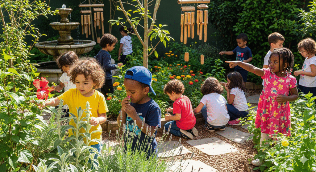 Crianças explorando um jardim sensorial com flores, aromas e texturas, estimulando os cinco sentidos.