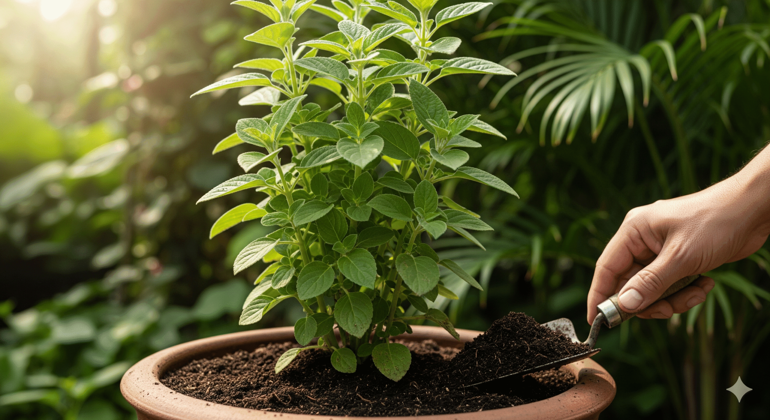 Cultivo de Coleus barbatus em vaso com solo fértil.