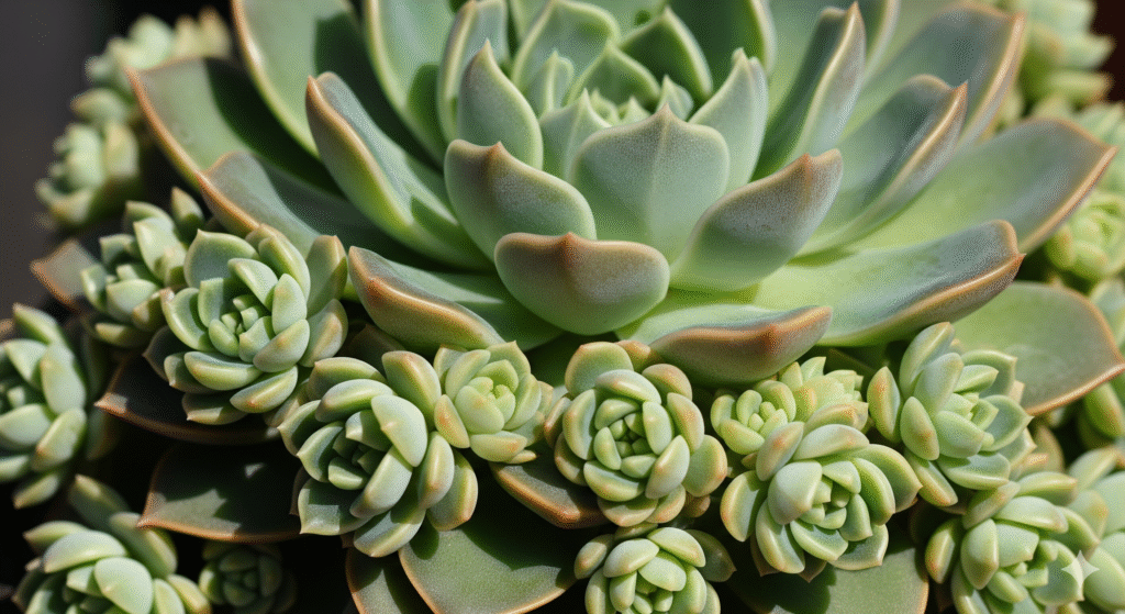 Echeveria com diversos brotos laterais ao redor da planta-mãe, prontos para propagação, em close-up detalhado.