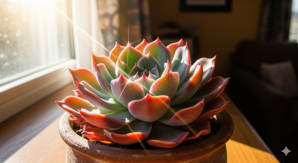Echeveria iluminada pelo sol na janela, com cores intensas e formato compacto.