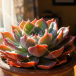 Echeveria iluminada pelo sol na janela, com cores intensas e formato compacto.