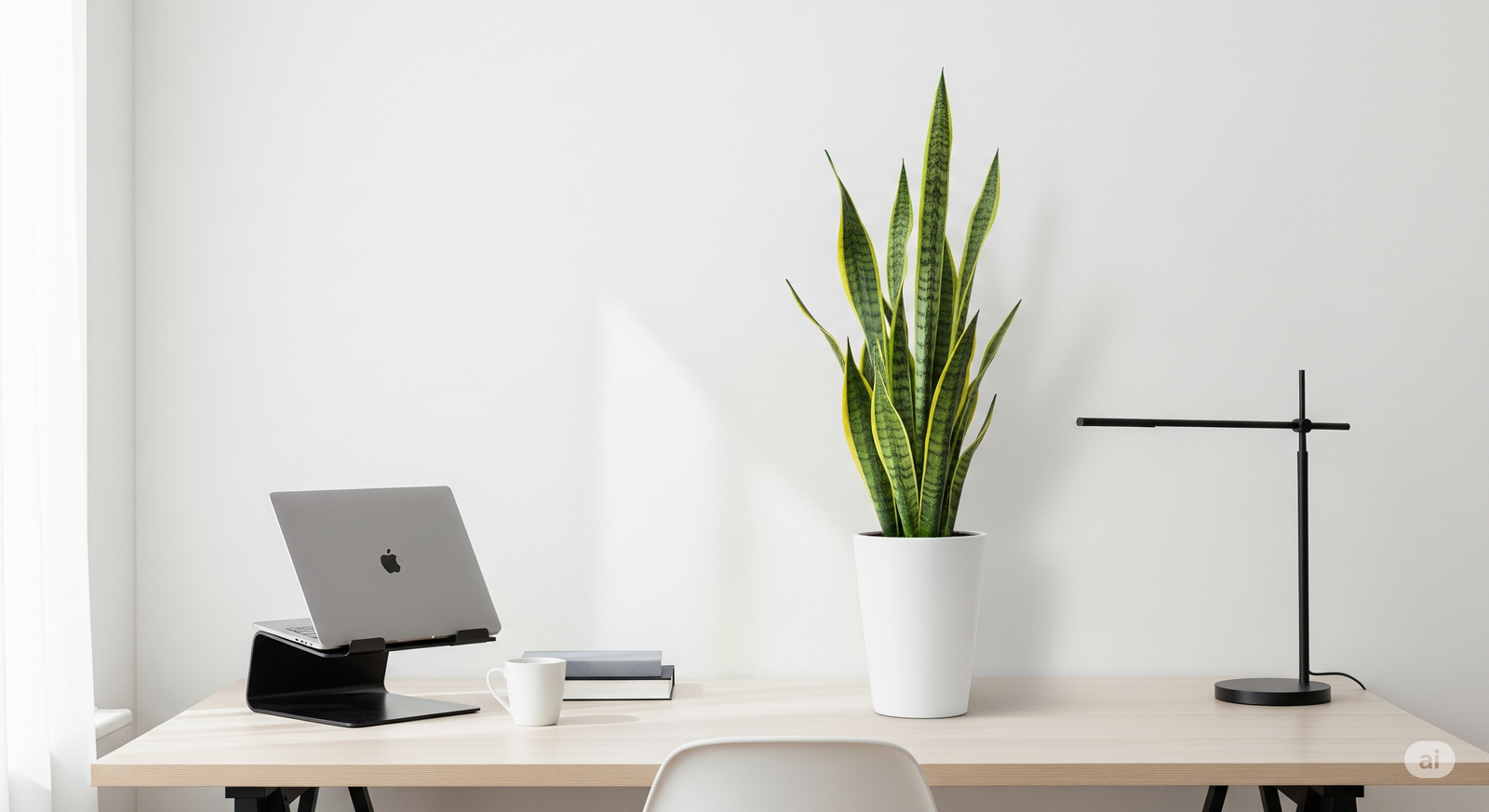 Espada de São Jorge em escritório minimalista, com fundo limpo e decoração moderna.