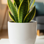 Espada de São Jorge saudável em vaso branco moderno, em sala de estar iluminada.