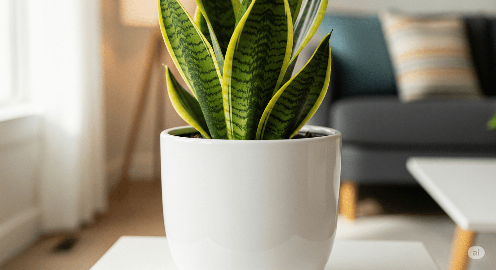Espada de São Jorge saudável em vaso branco moderno, em sala de estar iluminada.