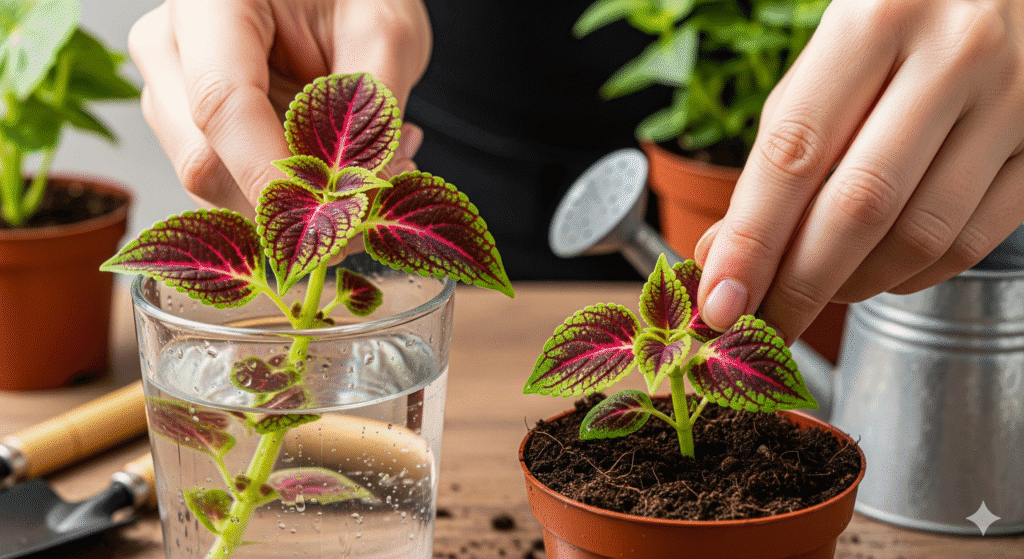 Estacas de Coleus Coração-Magoado enraizando em água e substrato.
