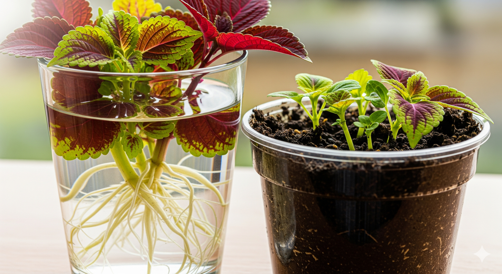 Estacas de Coleus enraizando em água.