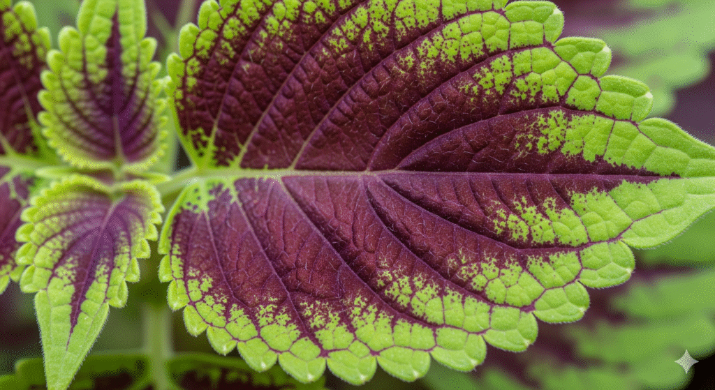Folha de Coleus em detalhe, com cores vibrantes.