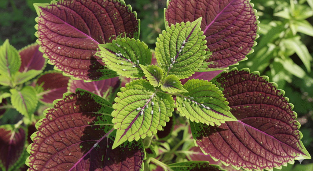 Folhas de Coleus coloridas com sinais de ataque de pragas como pulgões e cochonilhas.