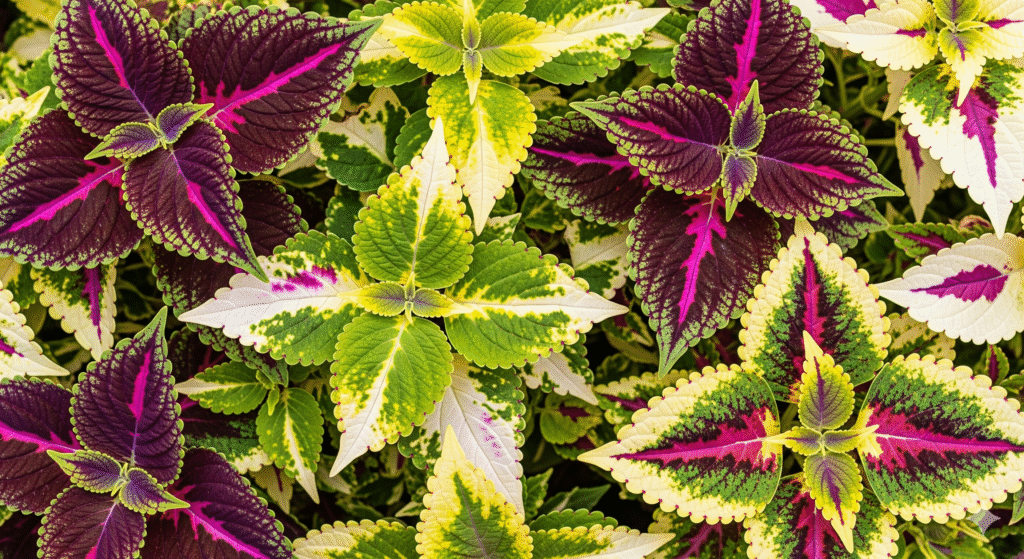 Folhas de Coleus multicoloridas vistas de cima.