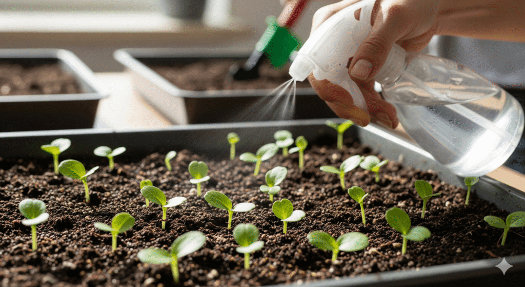 Germinação de sementes de Coleus barbatus em bandeja rasa com substrato úmido.