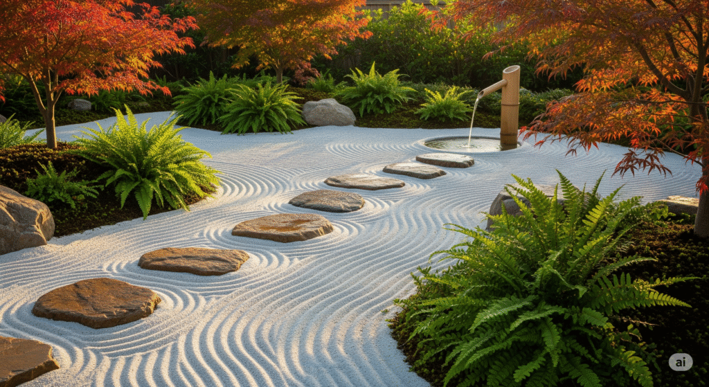 Jardim zen com elementos pedras ,areia e plantas