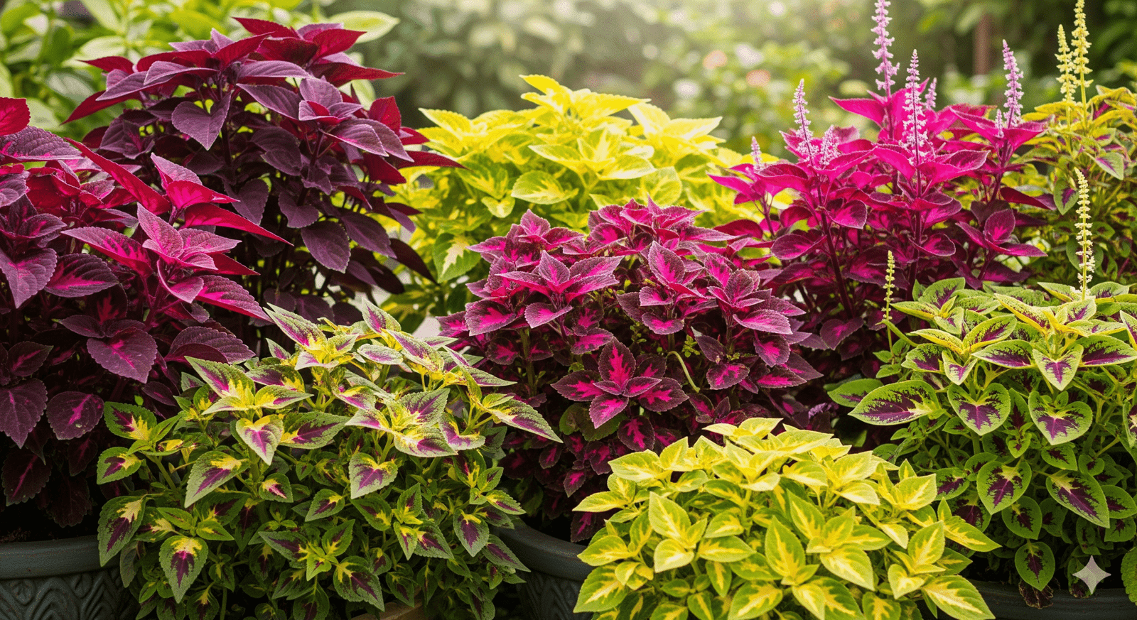 Jardim colorido com diferentes variedades da planta Coleus em vasos e canteiros.