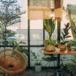 Jardim de inverno para sala em ambiente envidraçado, com várias plantas em vasos e cestos de palha, cadeira de vime e mesa de madeira iluminada pela luz natural.