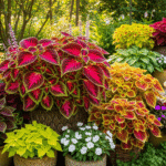 Jardim encantador com diferentes variedades de Coleus em vasos coloridos, ao lado de uma fonte ornamental, criando um cenário vibrante e acolhedor.