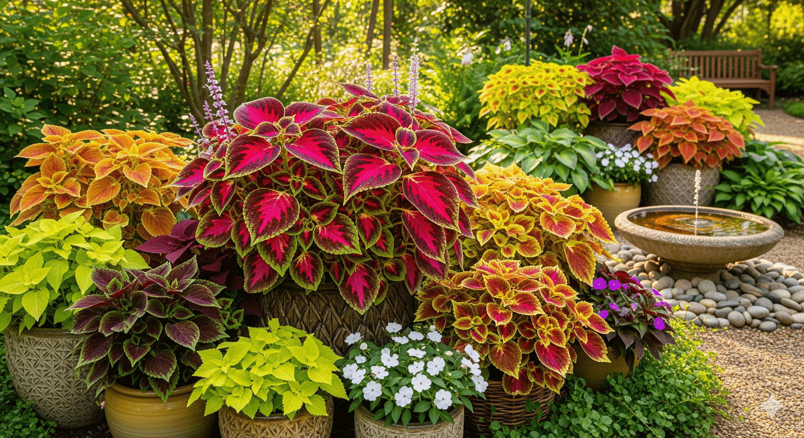 Jardim encantador com diferentes variedades de Coleus em vasos coloridos, ao lado de uma fonte ornamental, criando um cenário vibrante e acolhedor.
