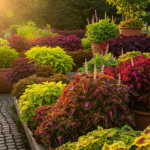 Jardim iluminado ao entardecer com diversas variedades de Coleus em vasos e canteiros.
