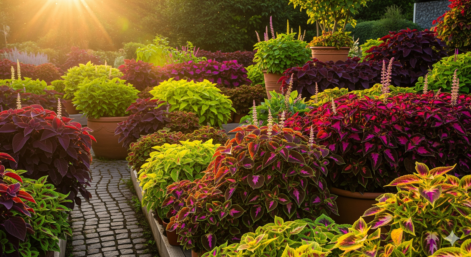 Jardim iluminado ao entardecer com diversas variedades de Coleus em vasos e canteiros.