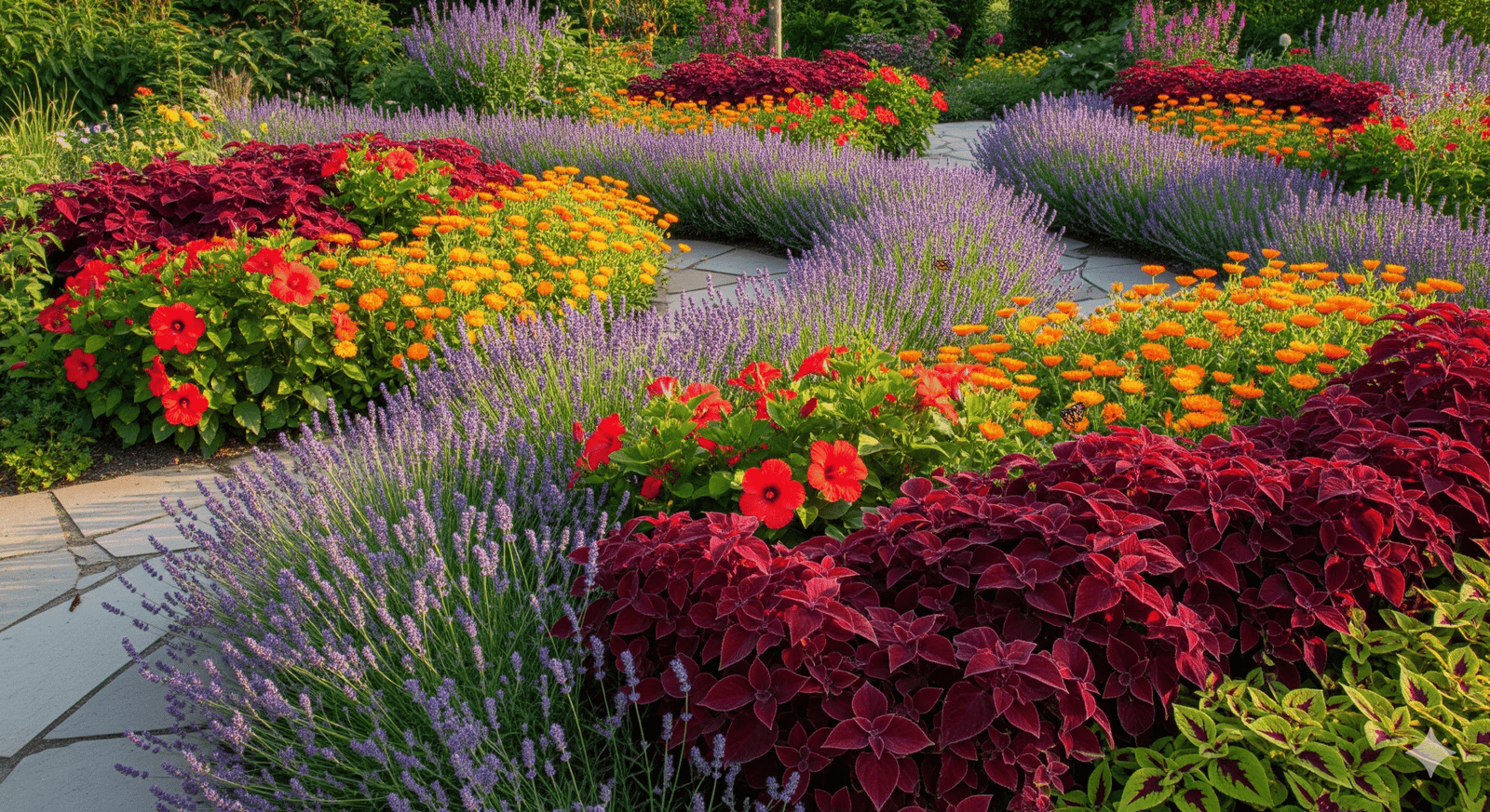 Jardim sensorial colorido com lavanda, calêndulas, hibiscos e coleus, destacando cores vibrantes que estimulam a visão.