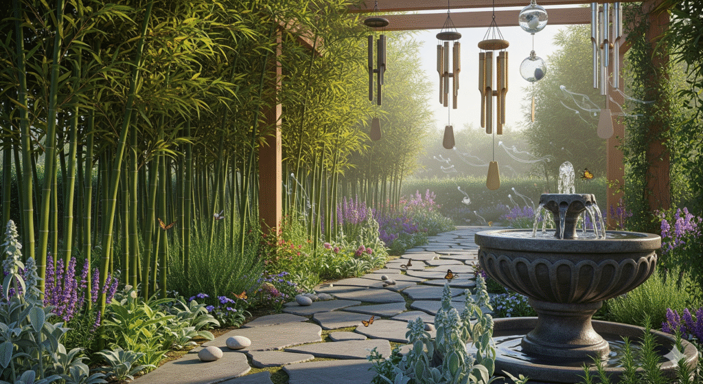 Jardim sensorial com bambus, sinos de vento e fonte de água, criando sons relaxantes e estimulando a audição.