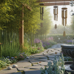 Jardim sensorial com bambus, sinos de vento e fonte de água, criando sons relaxantes e estimulando a audição.
