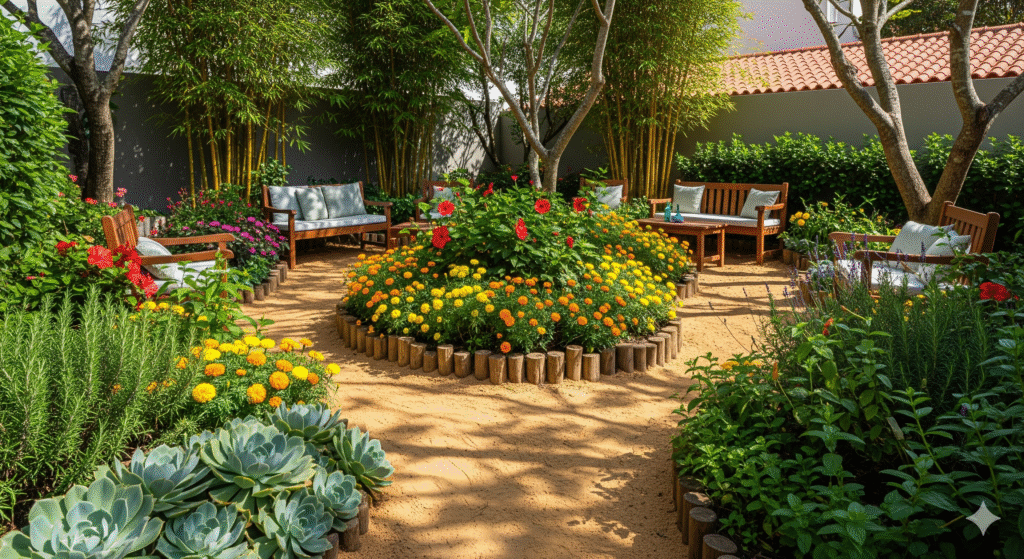 Jardim sensorial com bancos de madeira, suculentas, hibiscos, alecrim e flores coloridas, criando um espaço relaxante e terapêutico.