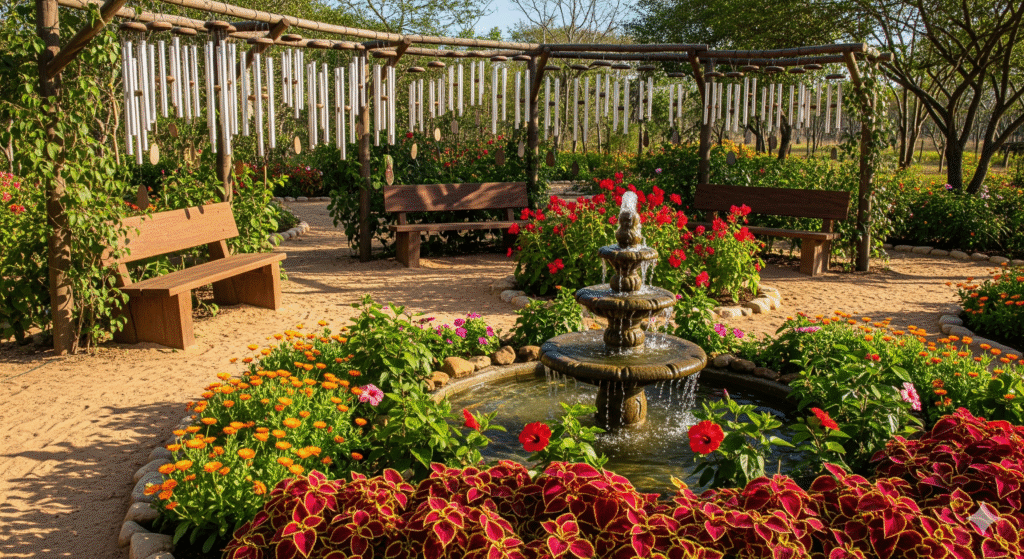 Jardim sensorial com fonte central, flores coloridas e sinos de vento, criando um espaço relaxante e terapêutico.