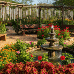 Jardim sensorial com fonte central, flores coloridas e sinos de vento, criando um espaço relaxante e terapêutico.