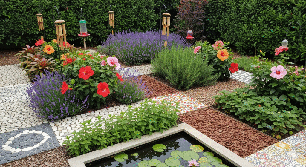 Jardim sensorial com hibiscos coloridos, lavandas, hortelã, caminhos de pedras decorativas e sinos de vento, criando um espaço de estímulos naturais.