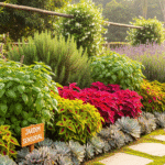 Jardim sensorial com lavanda, alecrim, manjericão, coleus coloridos e suculentas em caminho de pedras, estimulando os sentidos.