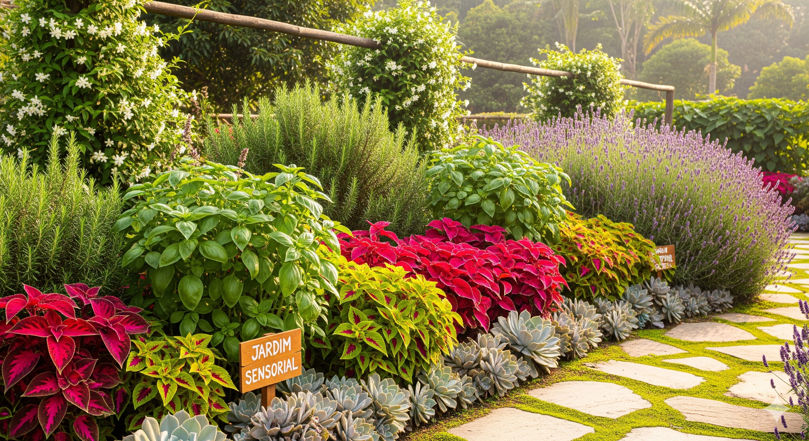 Jardim sensorial com lavanda, alecrim, manjericão, coleus coloridos e suculentas em caminho de pedras, estimulando os sentidos.