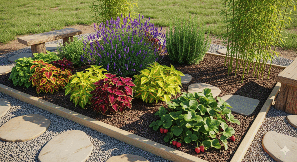 Jardim sensorial com lavanda, coleus coloridos, morangueiros e bancos rústicos, criando um espaço de relaxamento e estímulos naturais.