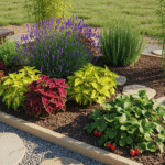 Jardim sensorial com lavanda, coleus coloridos, morangueiros e bancos rústicos, criando um espaço de relaxamento e estímulos naturais.