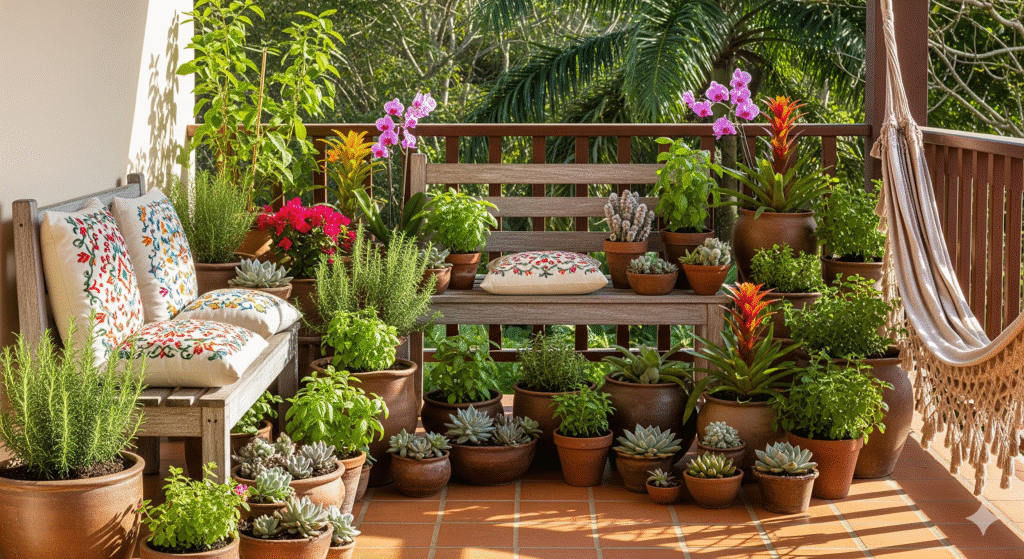 Jardim sensorial em varanda com vasos de suculentas, ervas aromáticas e flores coloridas ao redor de um banco de madeira decorado com almofadas bordadas.