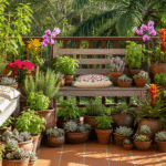 Jardim sensorial em varanda com vasos de suculentas, ervas aromáticas e flores coloridas ao redor de um banco de madeira decorado com almofadas bordadas.