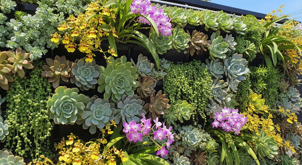 Jardim vertical externo com suculentas, colar-de-pérolas e orquídeas, mostrando diversidade de plantas para um jardim vertical.