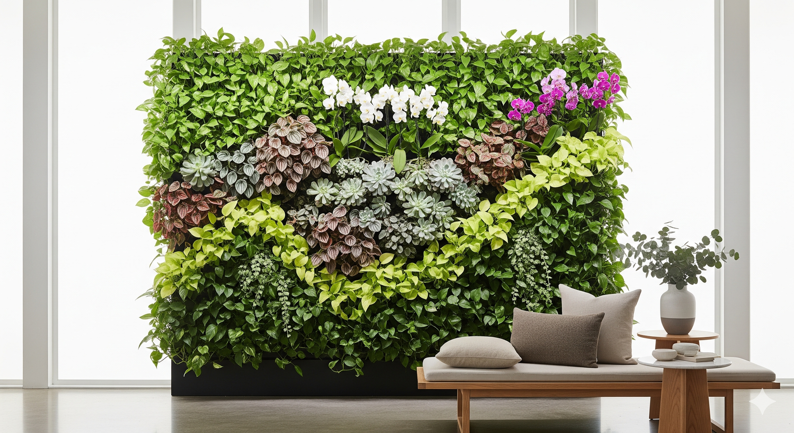 Jardim vertical interno com diversas plantas para um jardim vertical, incluindo suculentas, peperômias, jiboias e orquídeas.