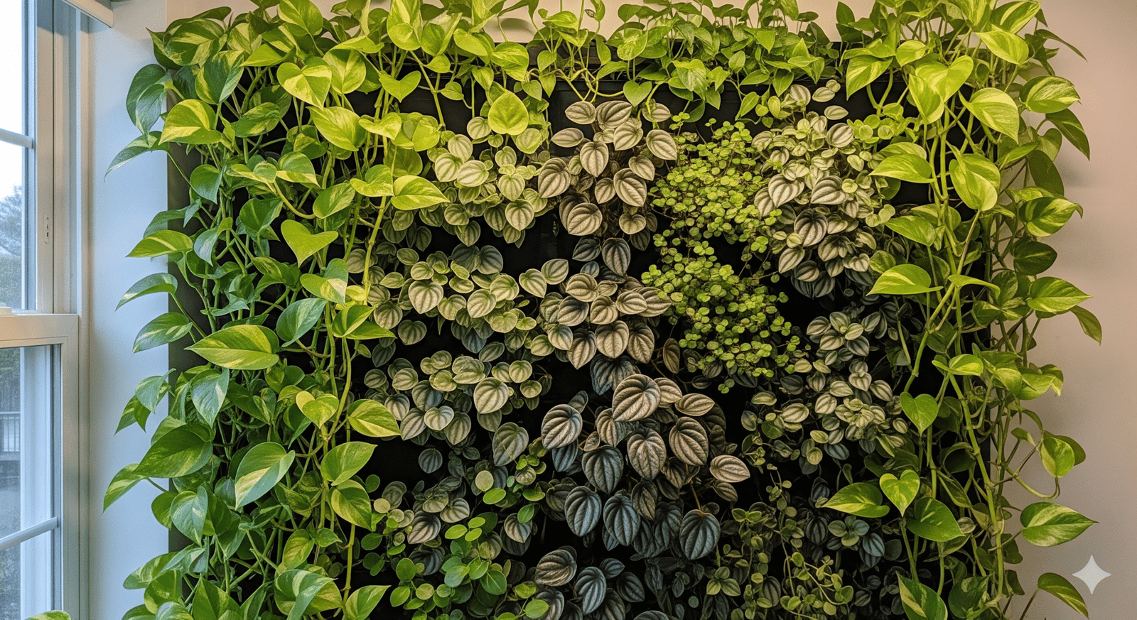 Jardim vertical interno com jiboia e peperômias, ideal para decoração de ambientes pequenos.