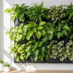 Jardim vertical interno com samambaia, jiboias e peperômias em módulos de parede, recebendo luz natural pela janela.