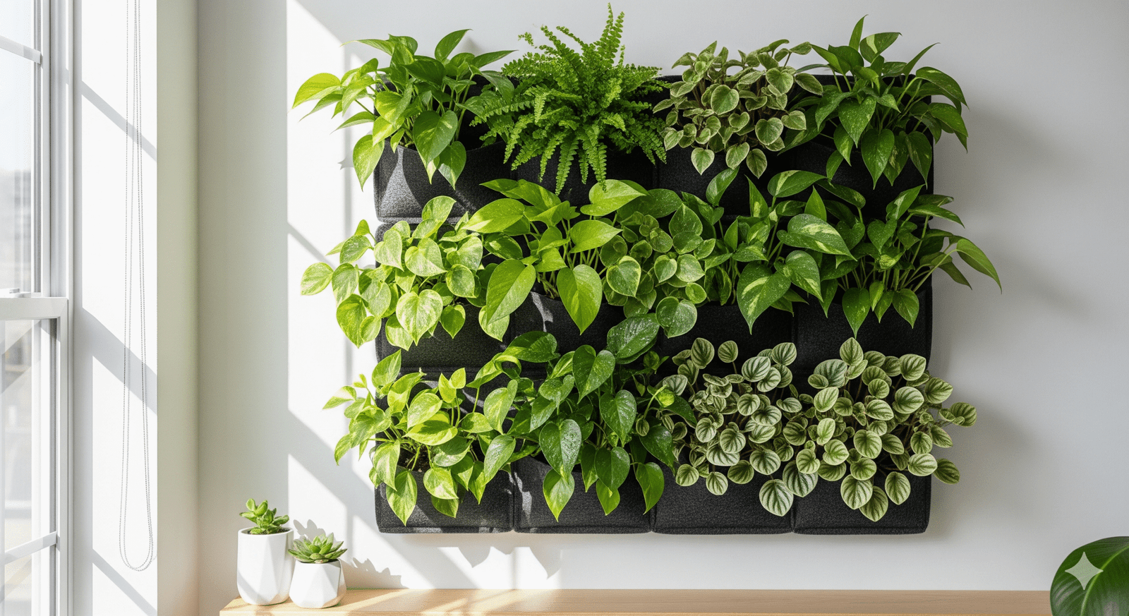 Jardim vertical interno com samambaia, jiboias e peperômias em módulos de parede, recebendo luz natural pela janela.
