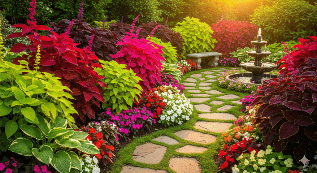 Jardim vibrante com diferentes variedades de Coleus Coração-Magoado em composição colorida com flores e fonte decorativa.